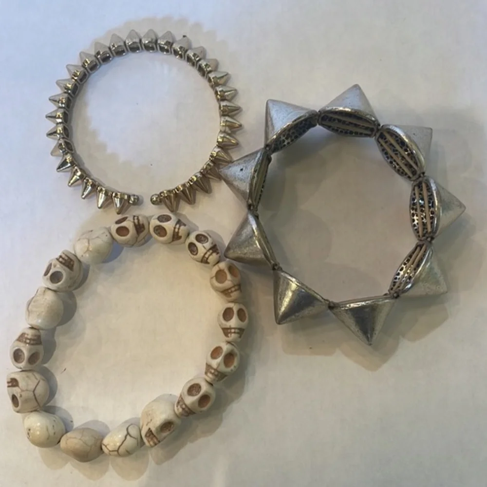 ROCKER SET OF 3 BUNDLE‎ SKULL BRACELET 2 SILVER SPIKE BRACELETS